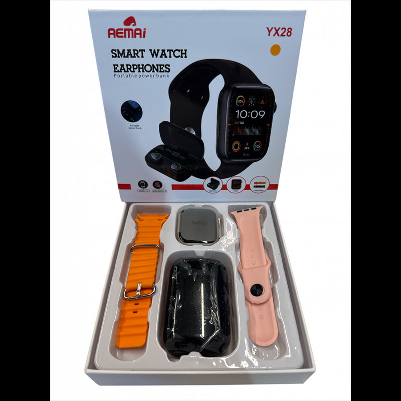Smartwatch AEMAI YX28 – Kit Completo com Earphones Bluetooth e Powerbank Integrado