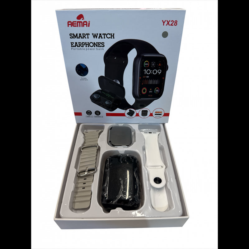Smartwatch AEMAI YX28 – Kit Completo com Earphones Bluetooth e Powerbank Integrado