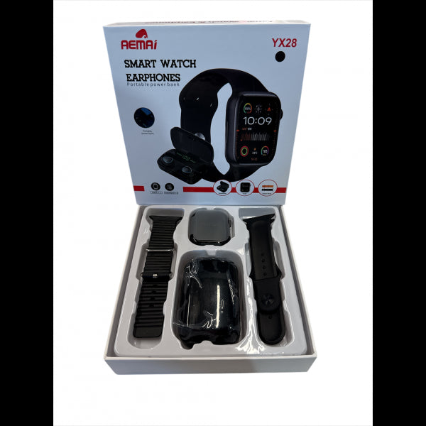 Smartwatch AEMAI YX28 – Kit Completo com Earphones Bluetooth e Powerbank Integrado