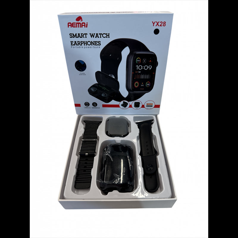 Smartwatch AEMAI YX28 – Kit Completo com Earphones Bluetooth e Powerbank Integrado